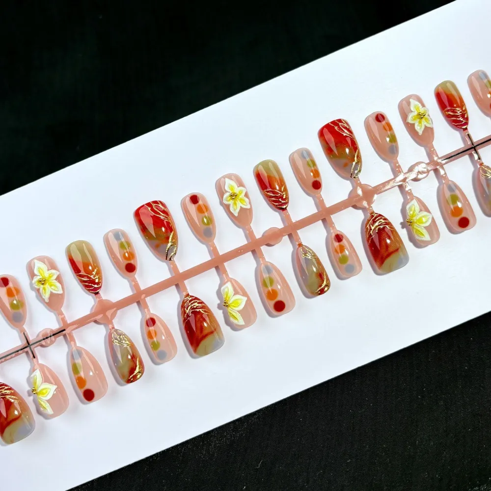 Nailhour 30Pcs 3D Gilded Floral Medium Almond Press On Nails