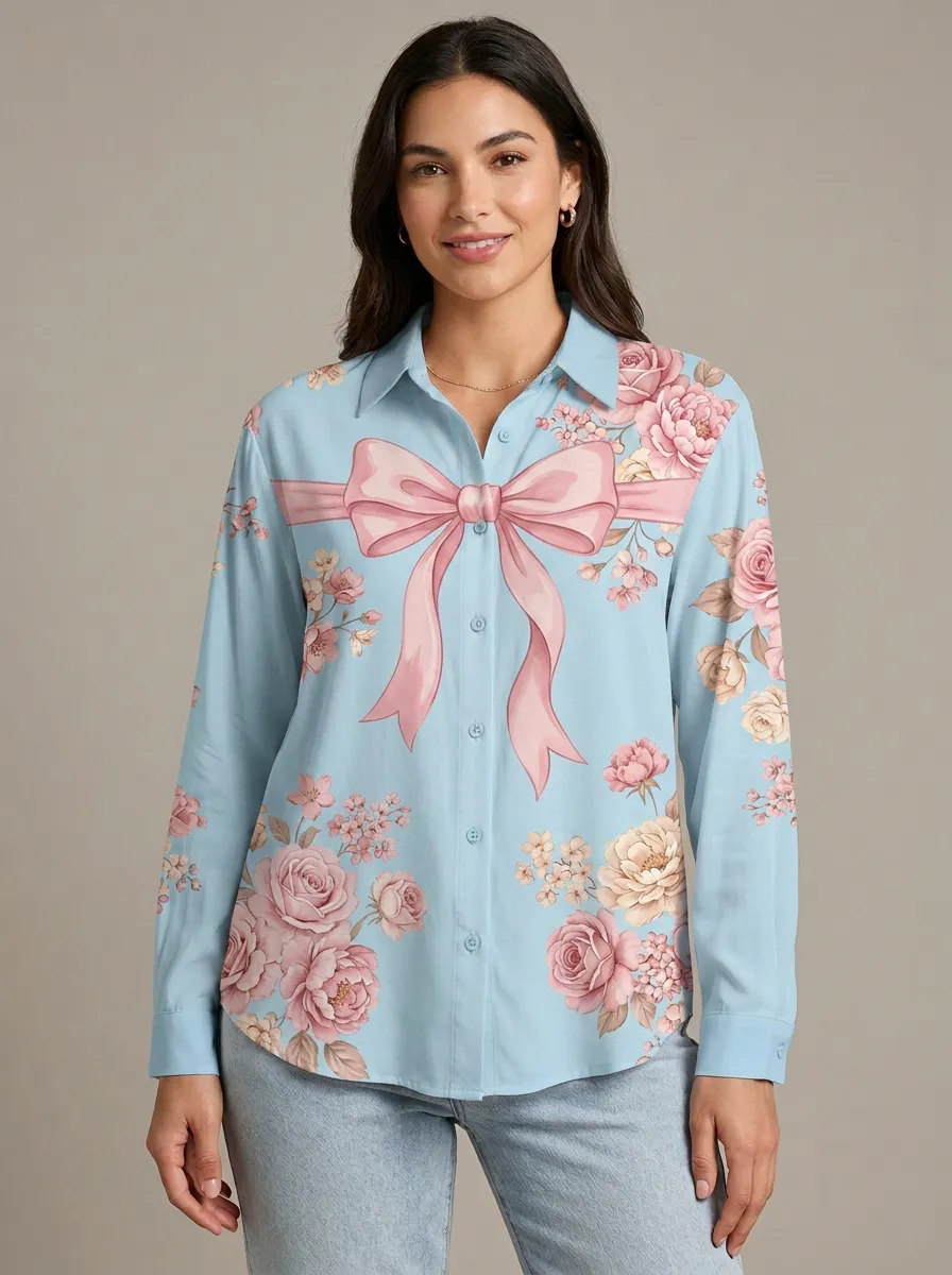 Women's Breast Cancer Awareness Pink Ribbon Floral Printed Button-Up Shirt