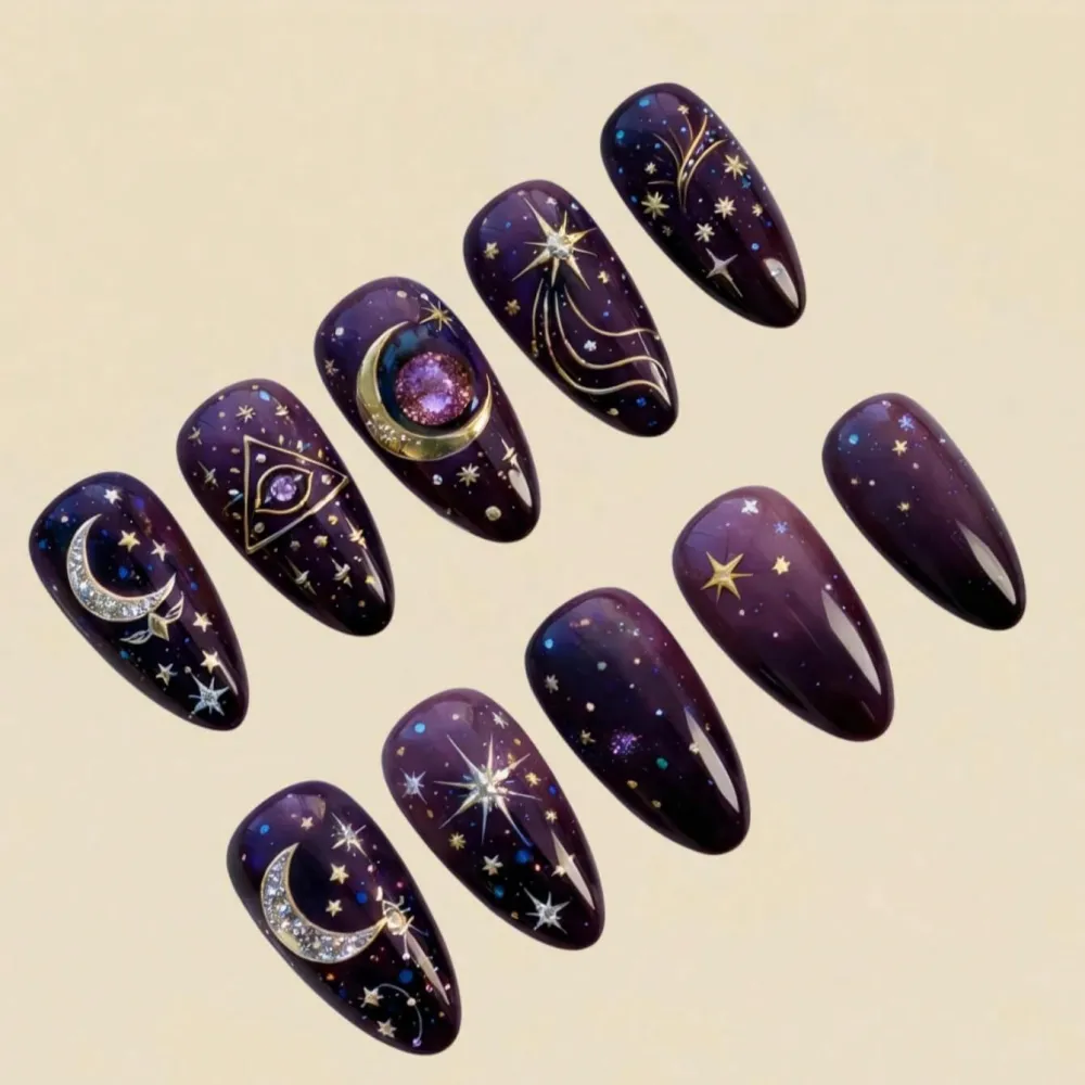 Nailhour 30Pcs Medium Almond 3D Purple Starry Sky Press On Nails