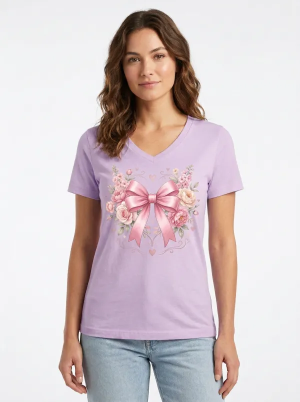 Women's Breast Cancer Awareness Pink Ribbon Floral Printed V-neck T-shirt