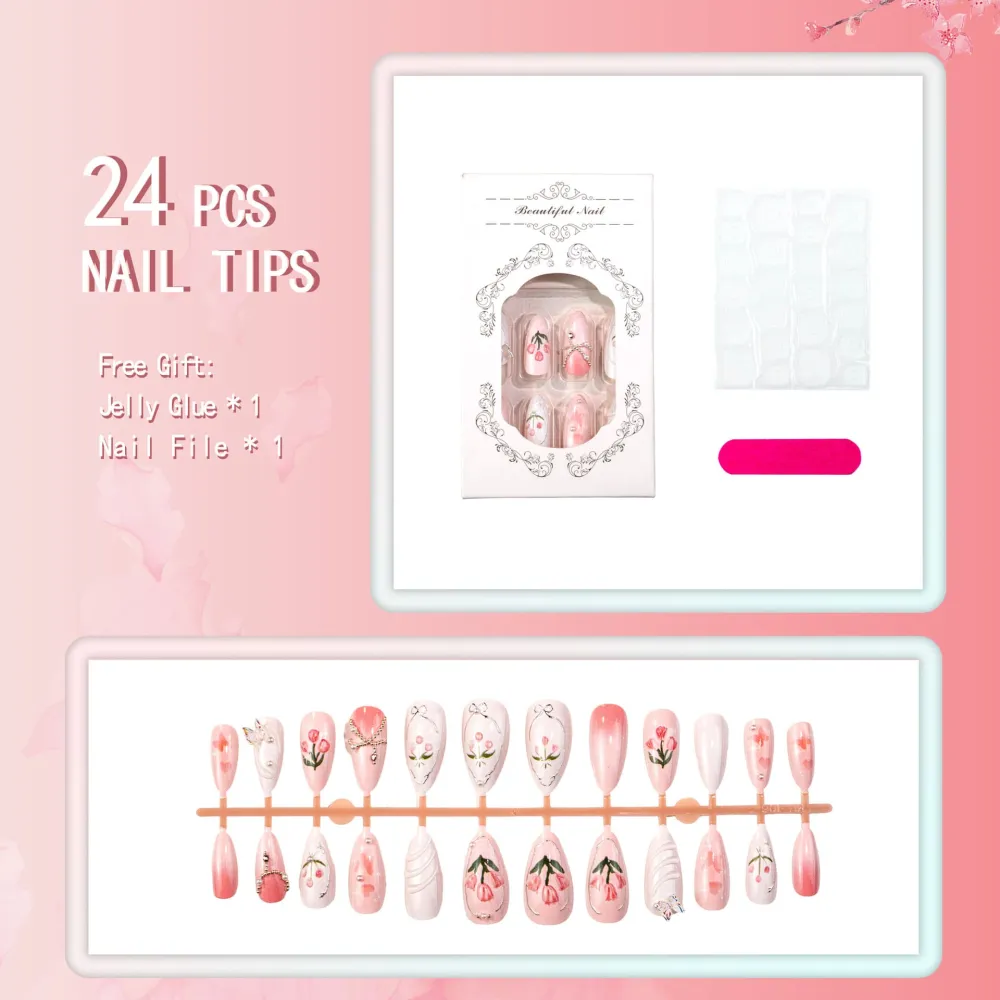 Nailhour 24Pcs Pink Tulip Medium Almond French Press On Nails