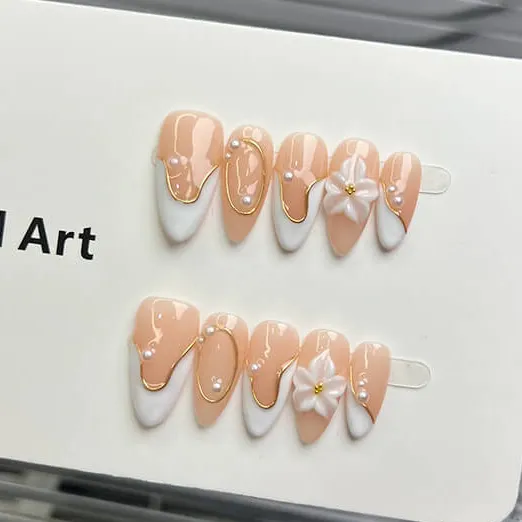 Nailhour 10Pcs Handmade French Medium Almond 3D Gilded Press On Nails