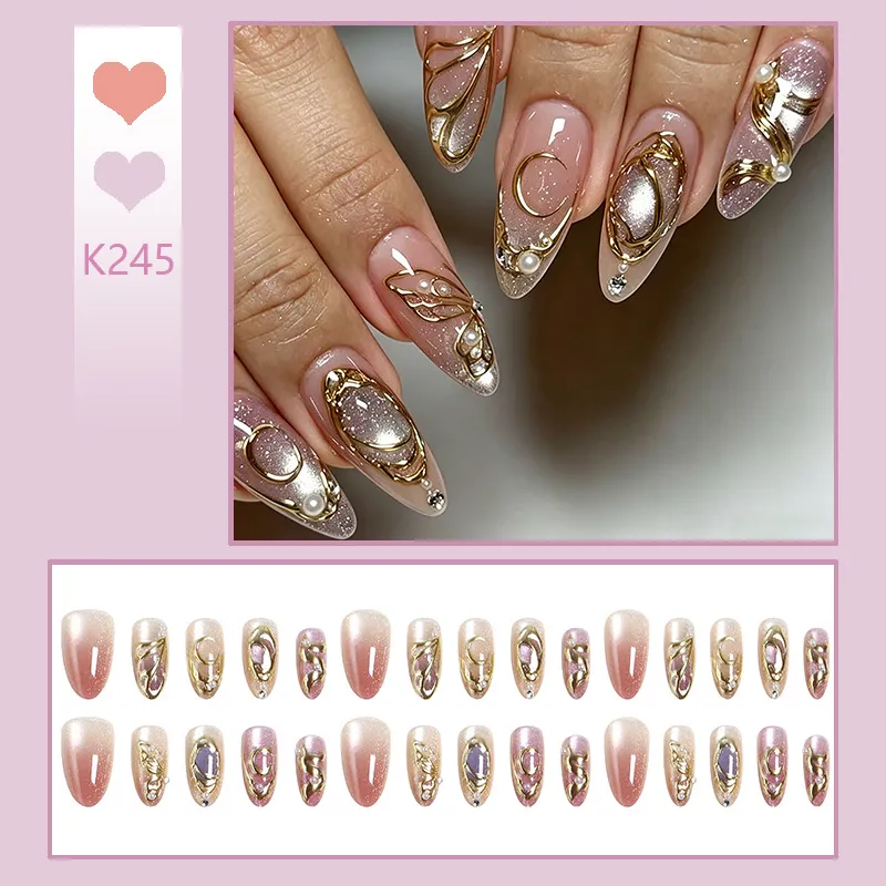 Nailhour Gold Chrome Cat Eye 30Pcs Almond Press On Nails
