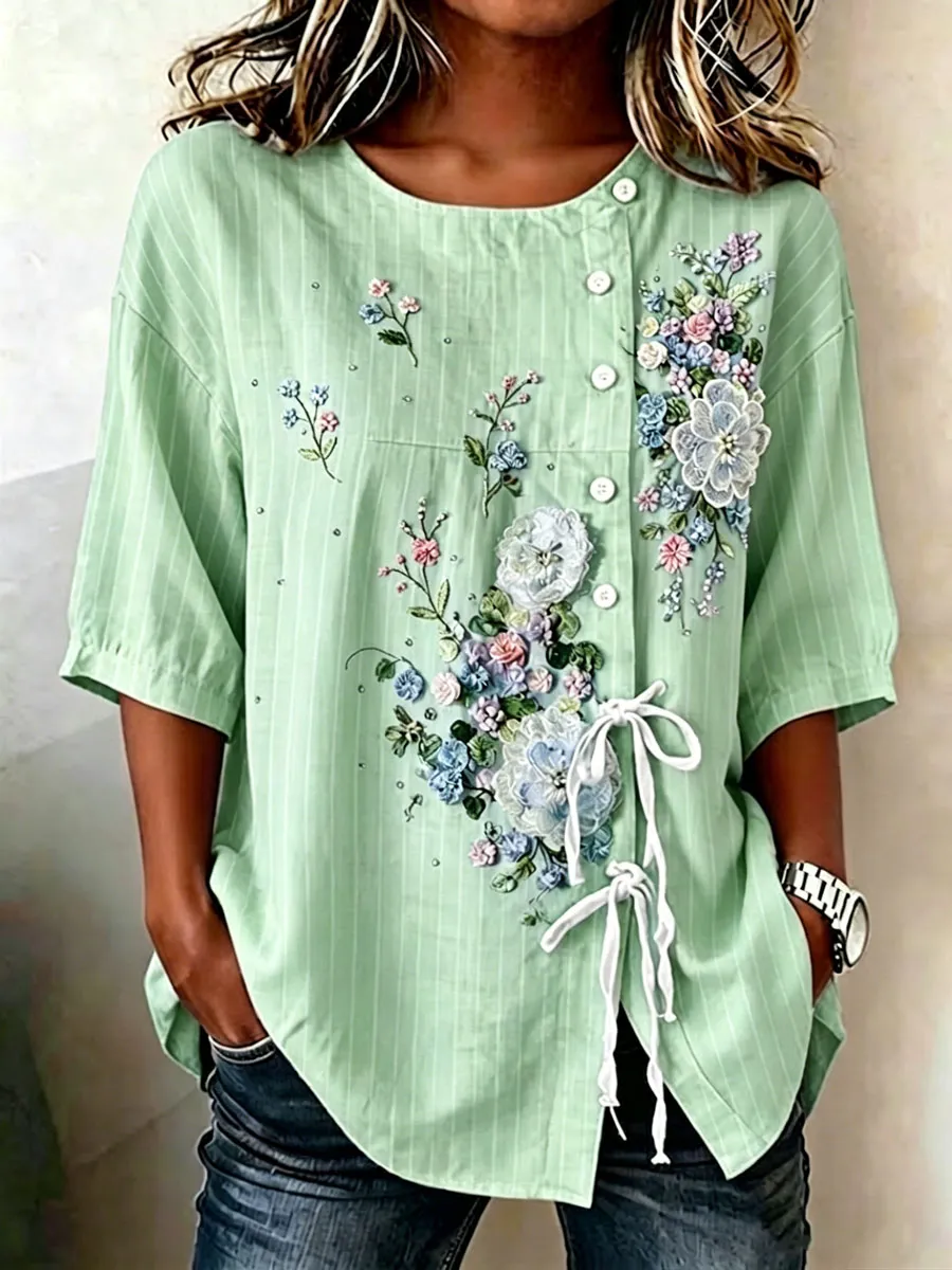 Women'S Casual Floral Print Cotton Linen Top