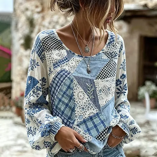 Retro Plant And Flower Pattern Patchwork Design Casual Linen Top