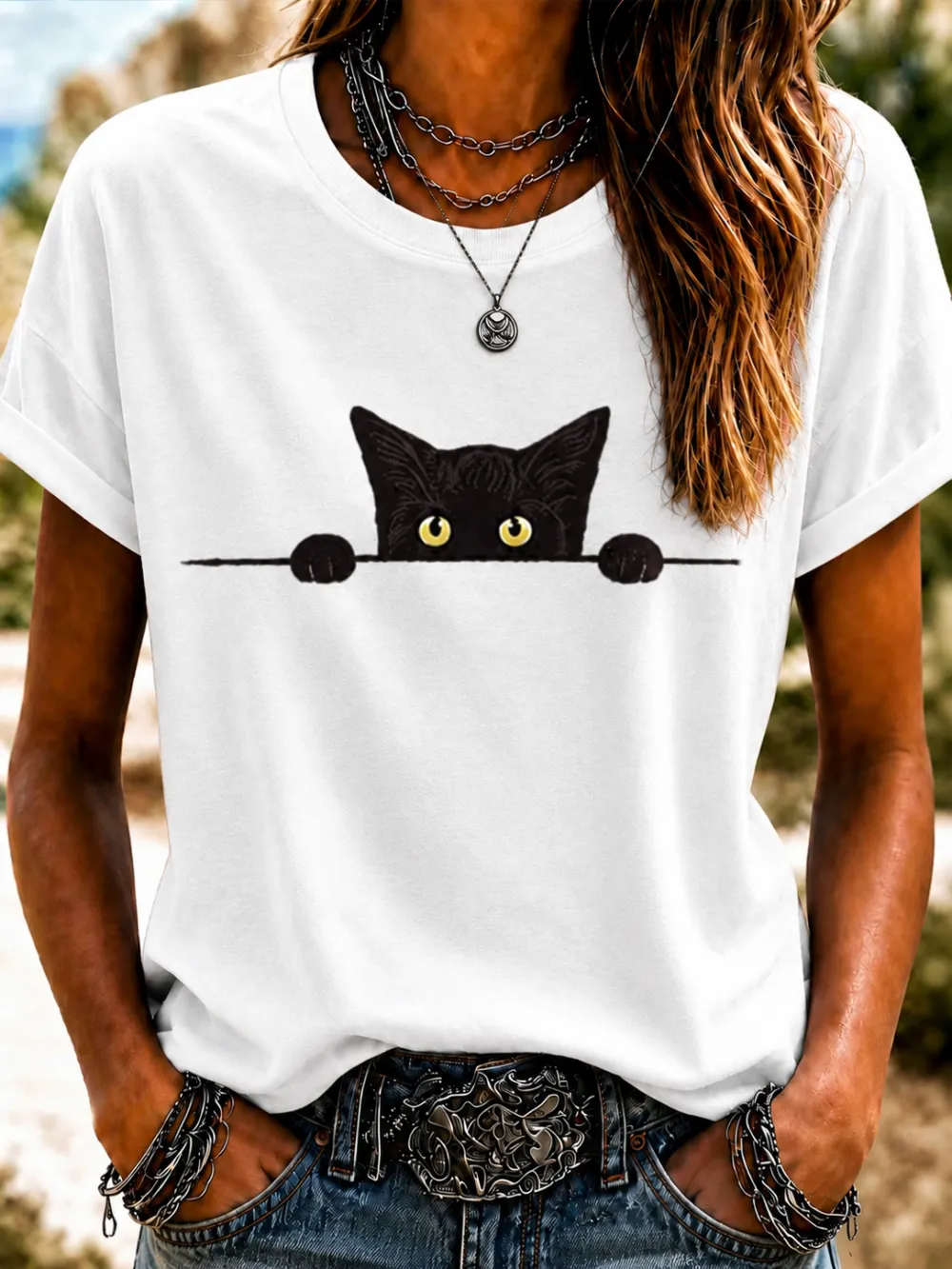 Women'S Cute Cat Art Printed Round Neck T-Shirt