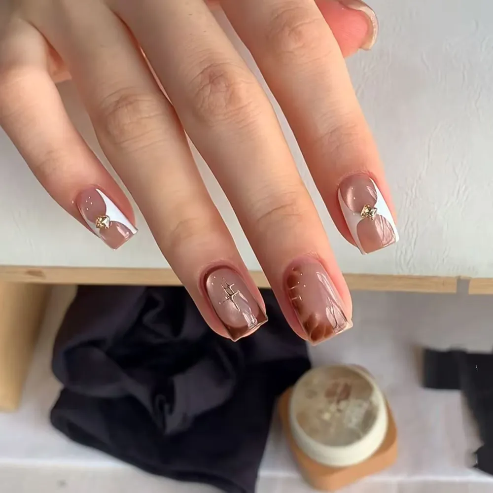 Nailhour 10Pcs French Cat Eye Gradient Gilded Medium Oval Press On Nails