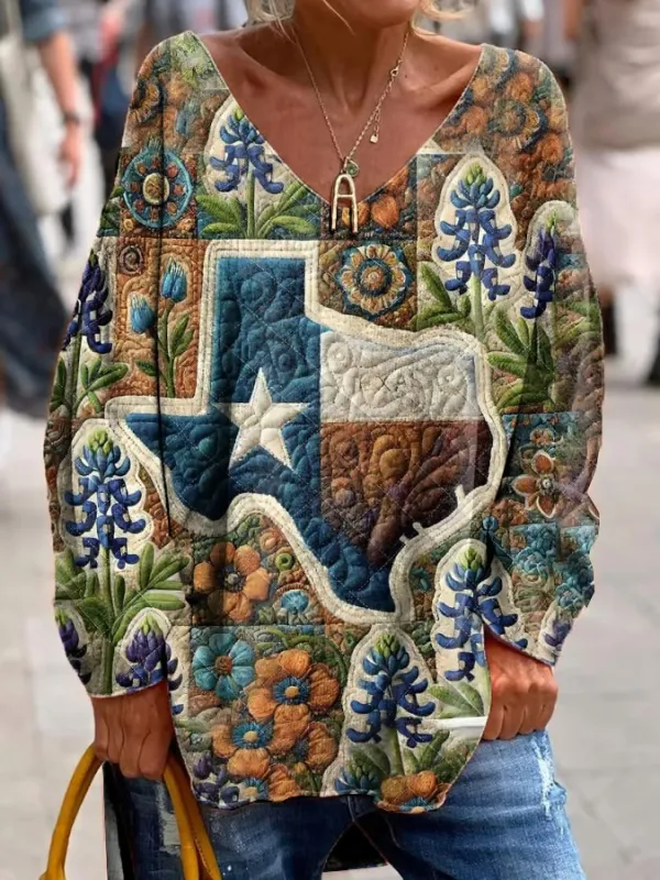 Women's Casual Retro Patch Texas Long Sleeve Loose T-Shirt