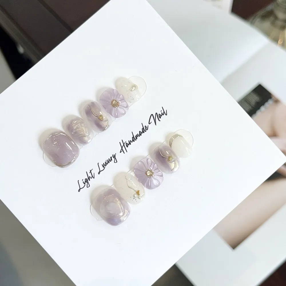 Nailhour 10Pcs Purple Cat Eye Gilded Short Squoval Press On Nails