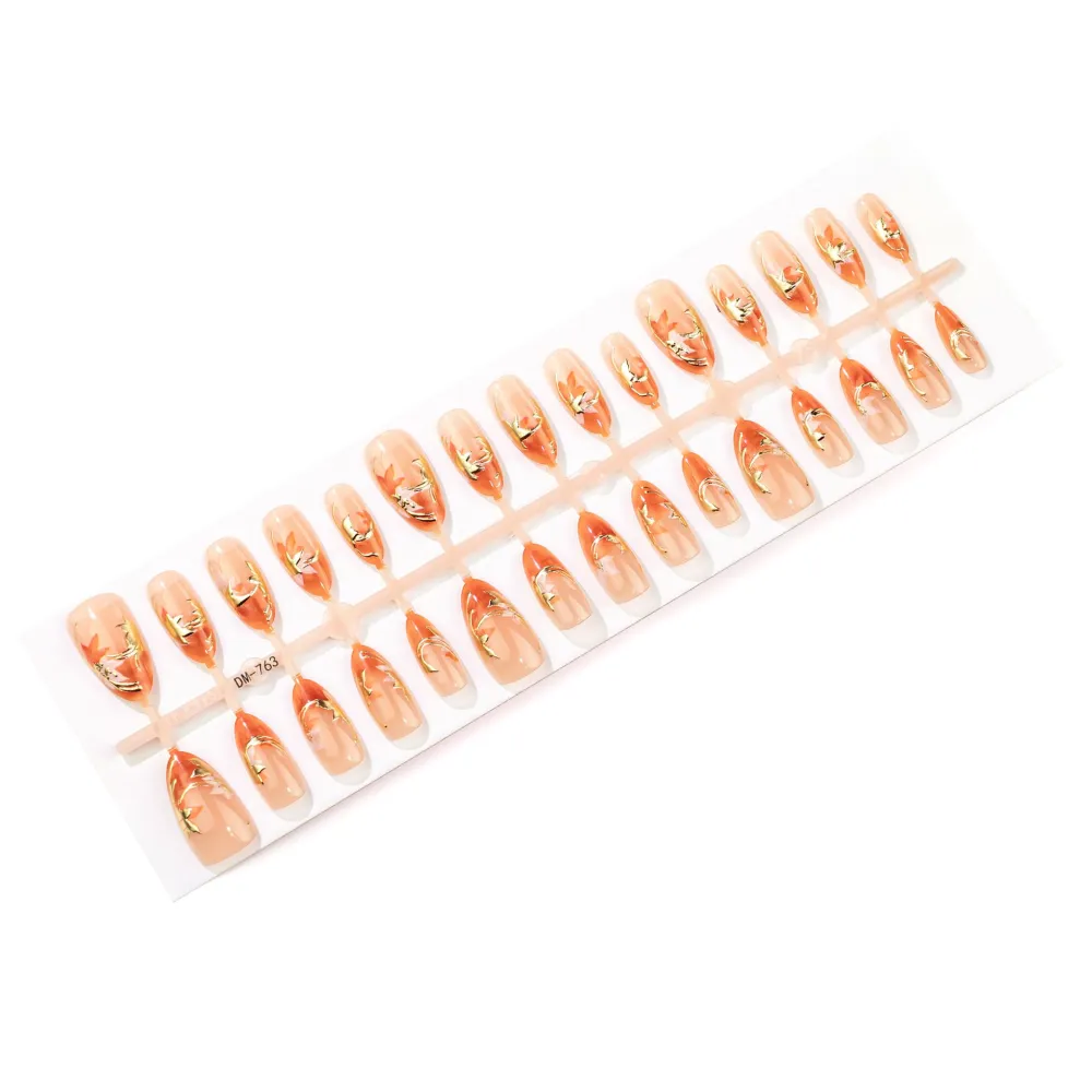 Nailhour 30Pcs Floral 3D Maple Leaf Medium Almond French Press On Nails