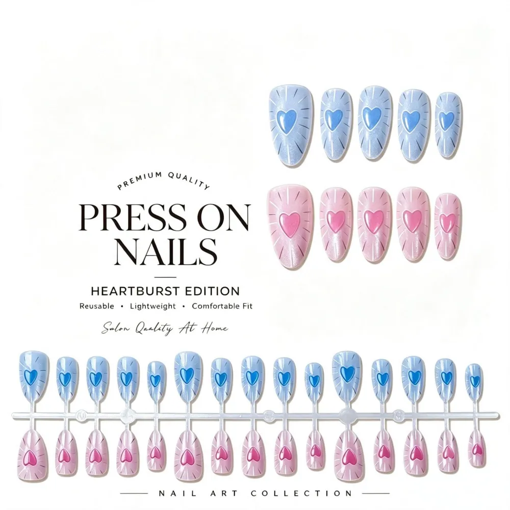 Nailhour 30Pcs Pink & Blue Heart Medium Almond French Gradient Press On Nails