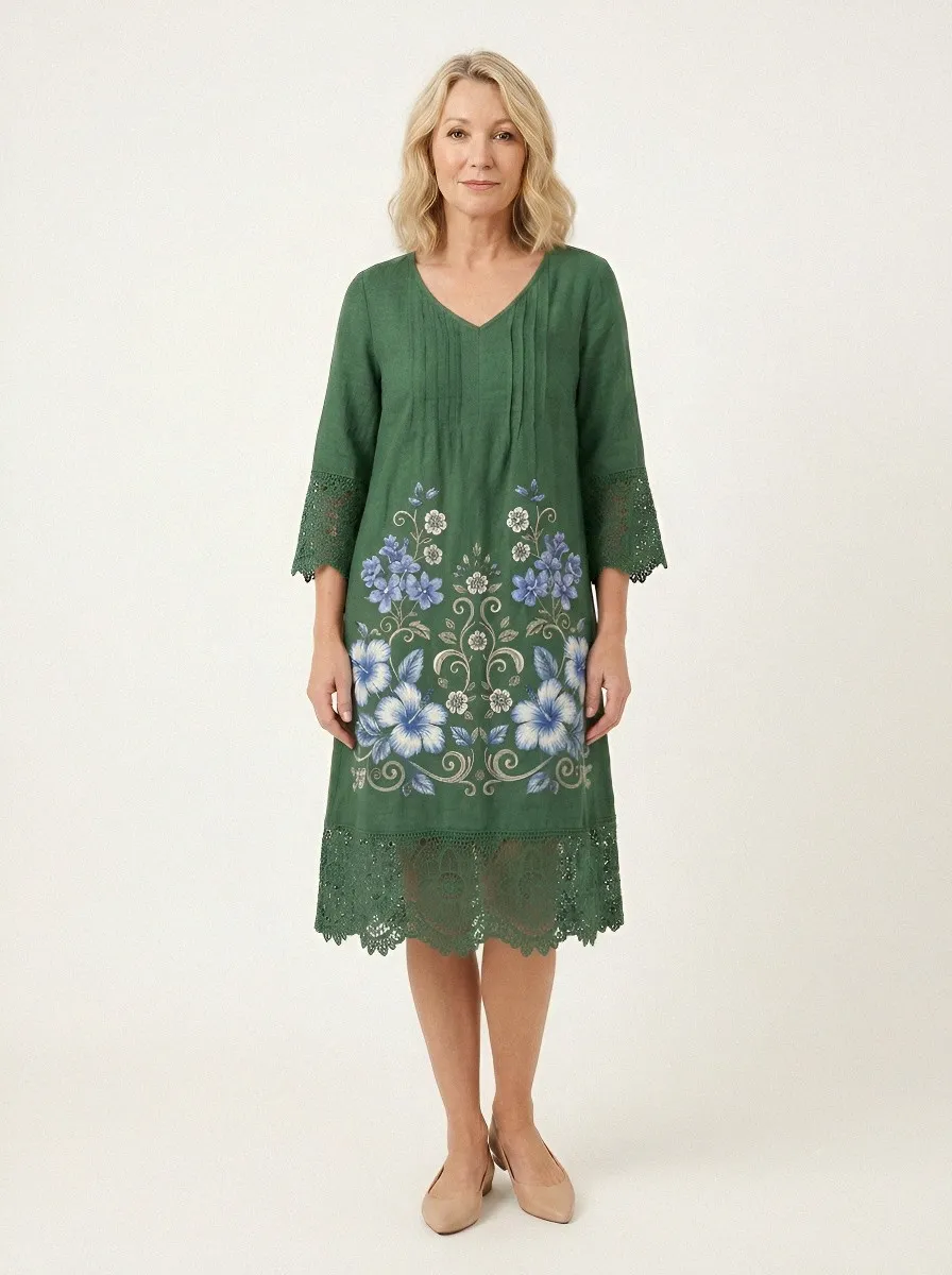 Women's Summer Vacation Blue Hibiscus Floral Lace Trim Printed Dress