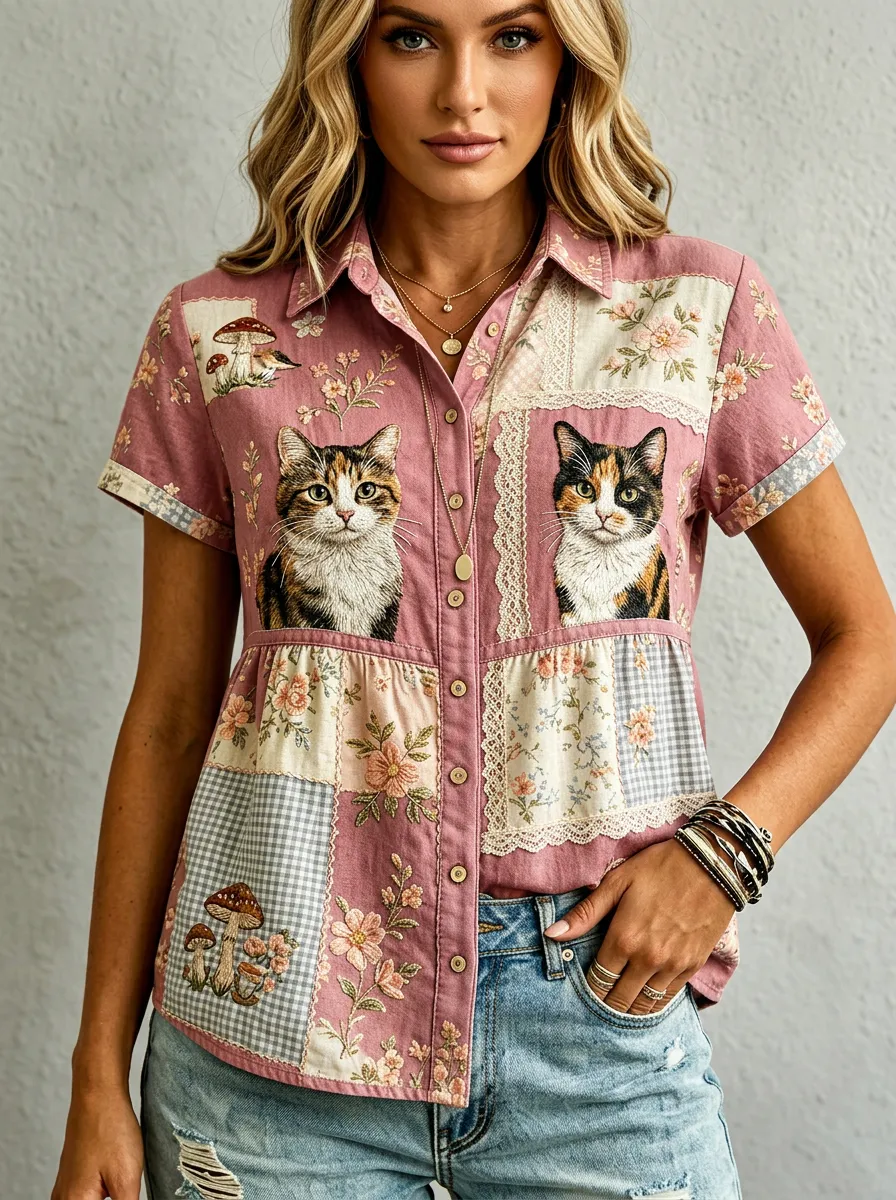 Women's Cat Lover Mushroom Floral Patchwork Printed Cotton Linen Shirt