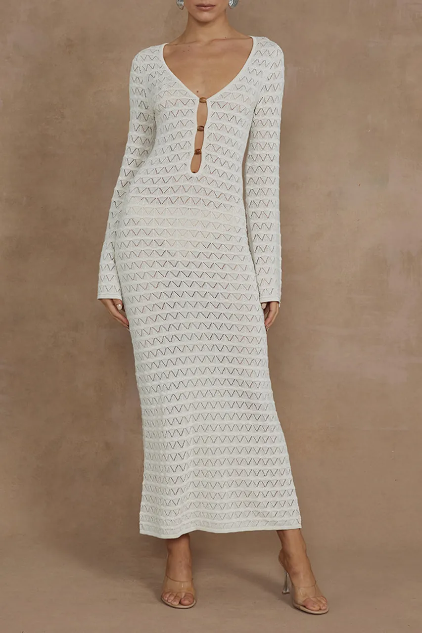 Long Sleeve Button Detail Knit Midi Dress