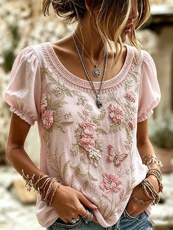 Women's Boho Floral Patchwork Embroidered Puff Sleeve Top