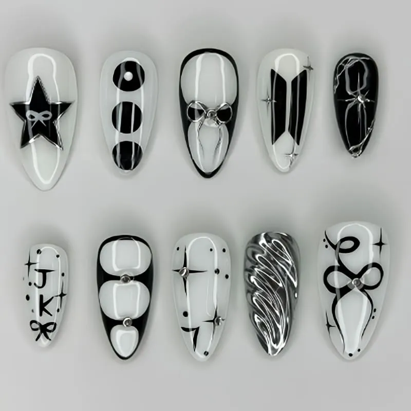 Nailhour 30Pcs 3D Vintage Black Rhinestone Medium Almond Press On Nails
