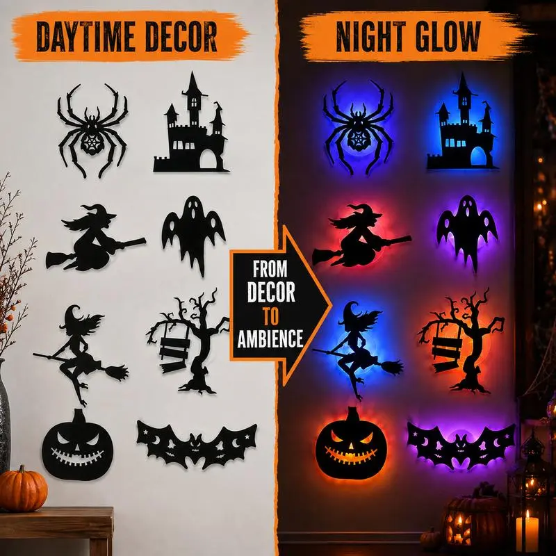 Halloween LED Silhouette Wall Light Stickers- Battery Powered Peel & Stick Spooky Decor
