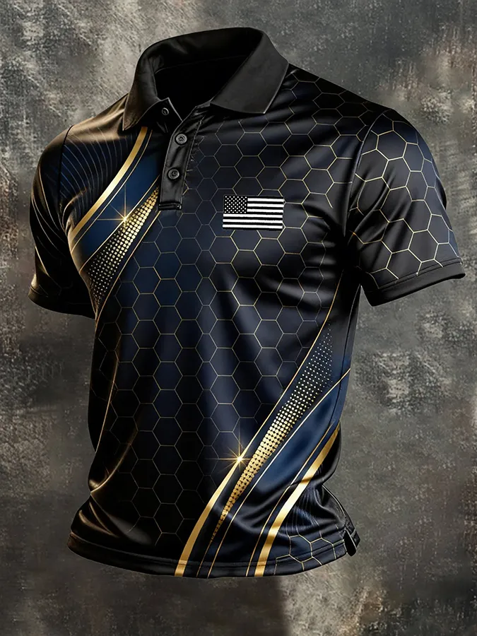 Men's Retro Patriot Color Block Polo Collar Short Sleeve
