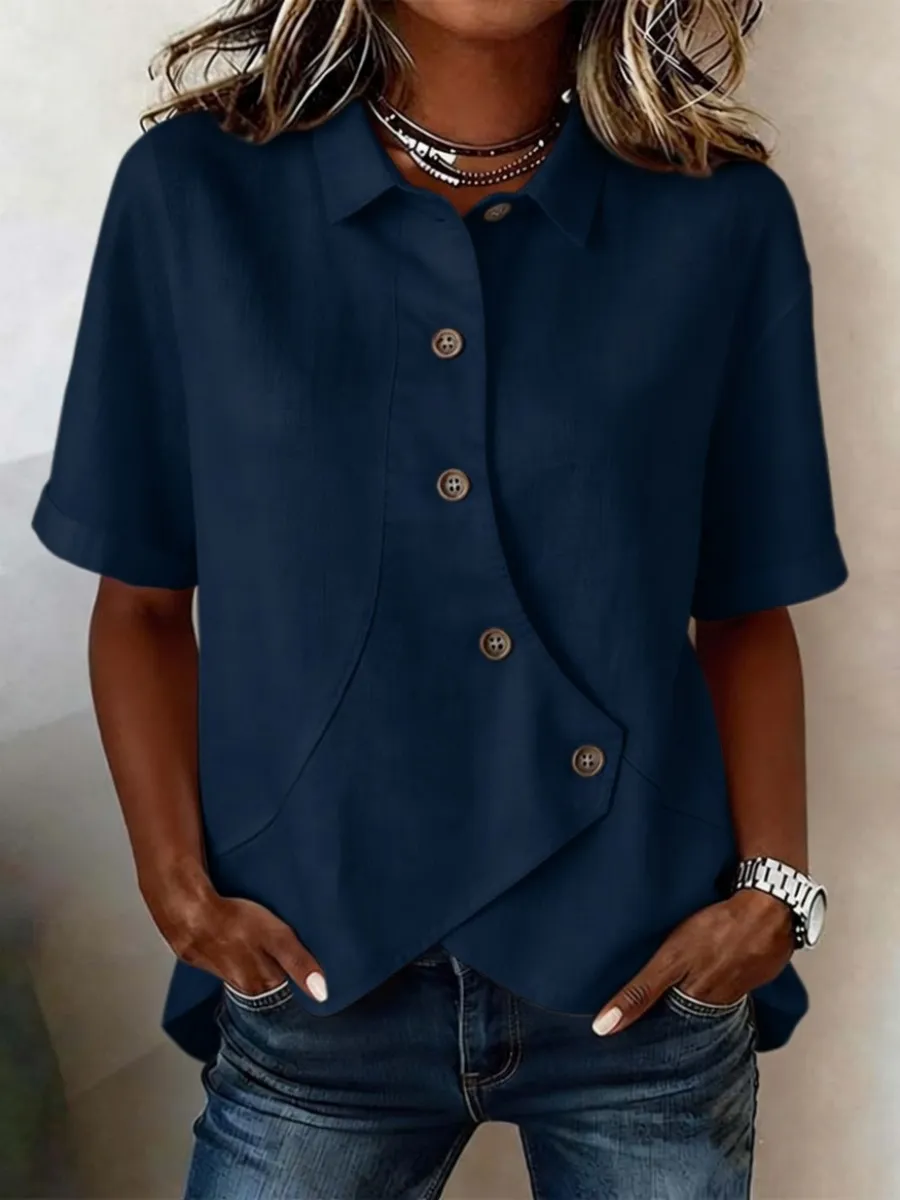 Women's Short-Sleeve Button-Down Cotton-Linen Shirt
