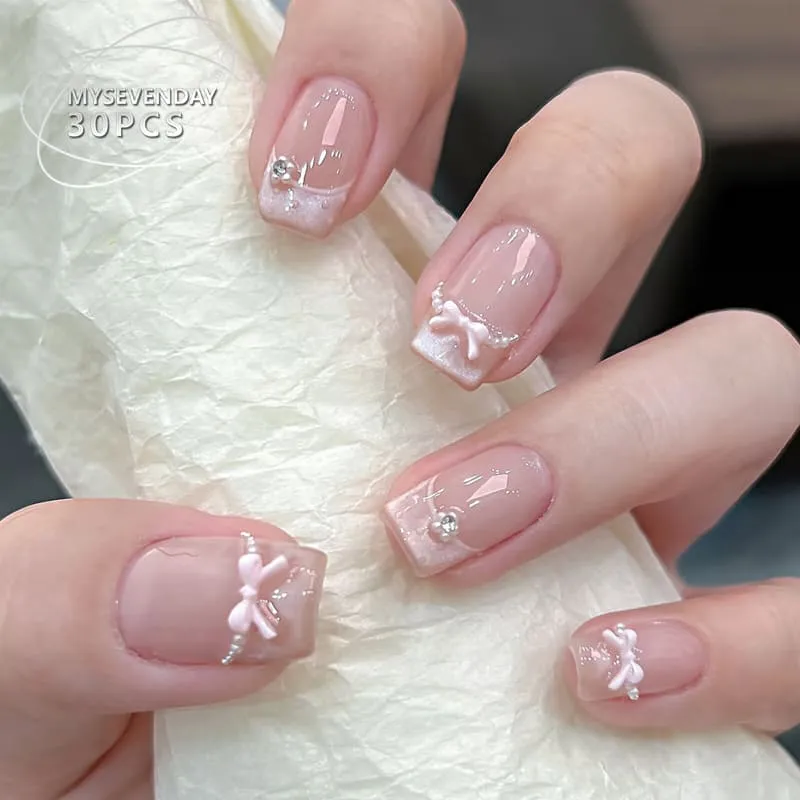 Nailhour 10Pcs Glitter Bow French 3D Pink Short Square Press On Nails