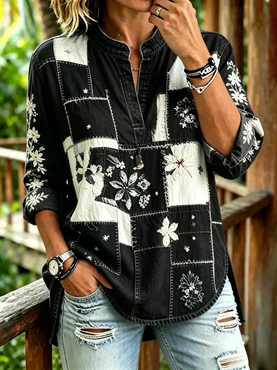 Women's retro printed casual V-neck shirt