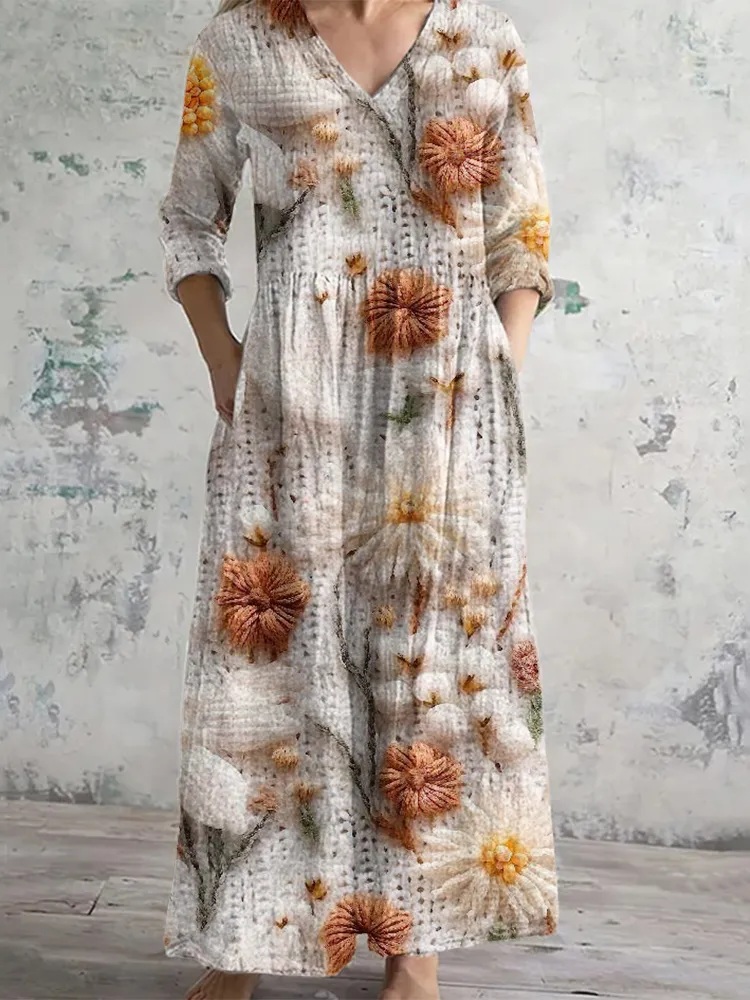 V-Neck Cotton Flower Print Dress