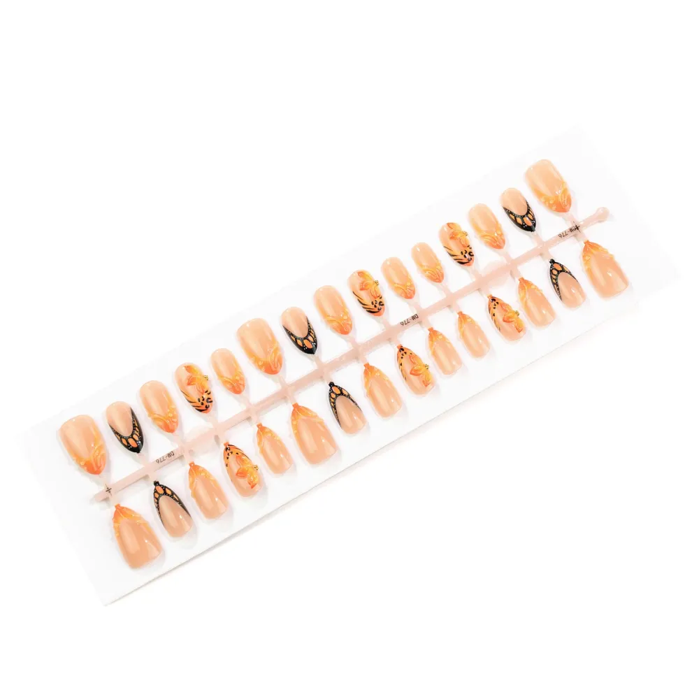 Nailhour 30Pcs Orange Leopard Print 3D Medium Almond French Press On Nails