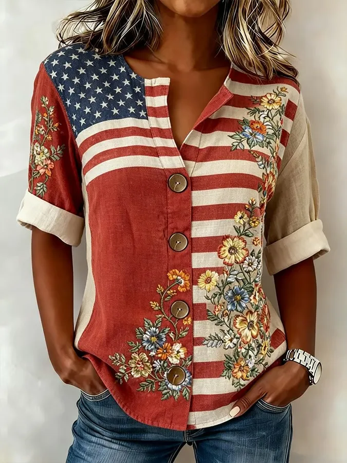 Women's Casual Short-Sleeve Cotton-Linen Top