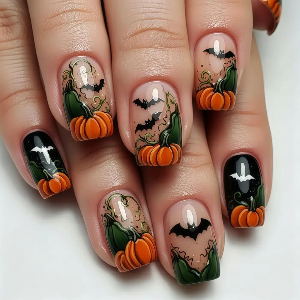Nailhour 24Pcs Pumpkin Black and Orange Spider Halloween Short Square Press On Nails