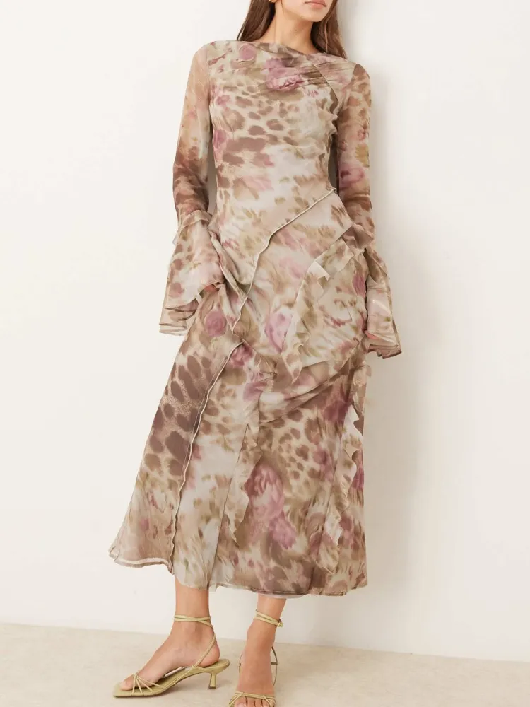 Printed Round Neck Flared Sleeve Dress