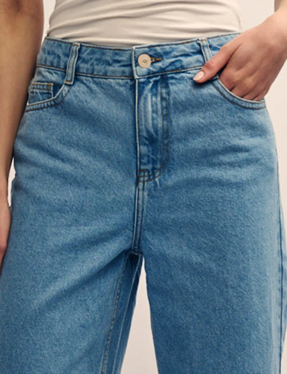 Mid Wash Denim Cropped Wide Leg Jeans