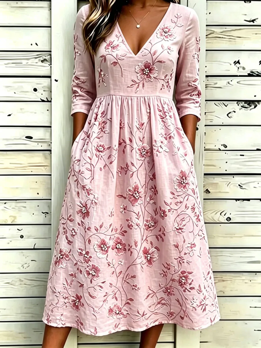 Women'S Cotton And Linen Casual Printed Dress