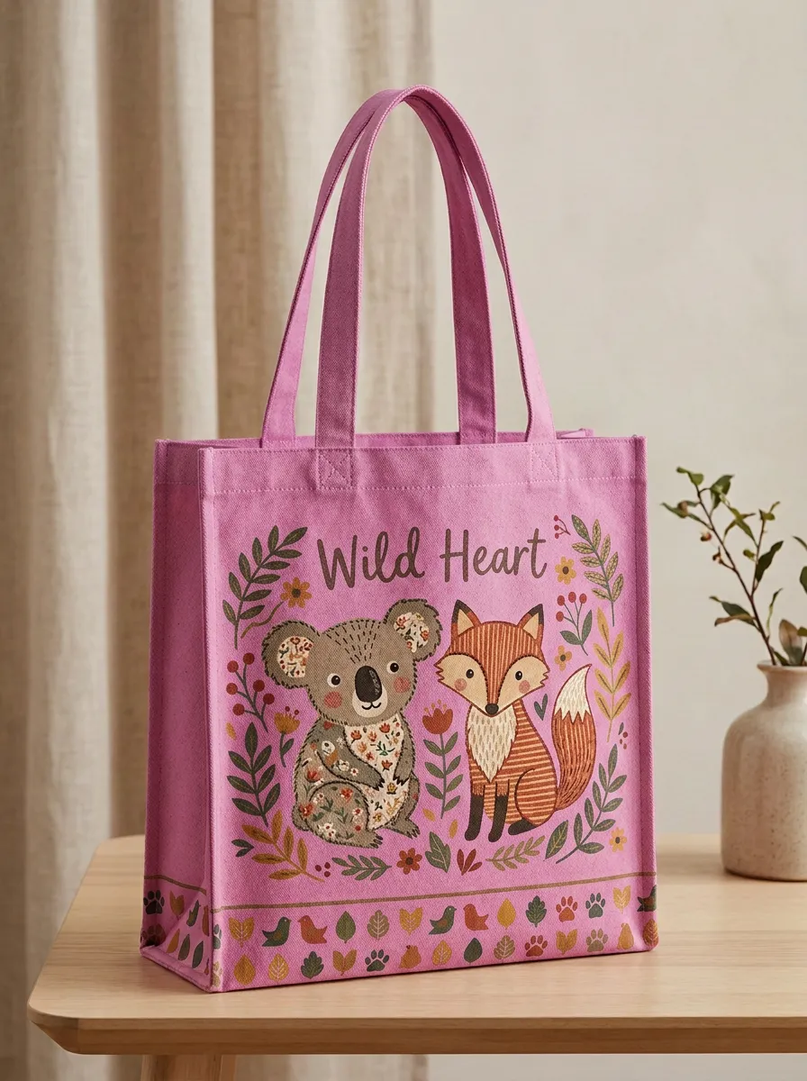 Wild Heart Koala and Fox Floral Printed Tote Bag
