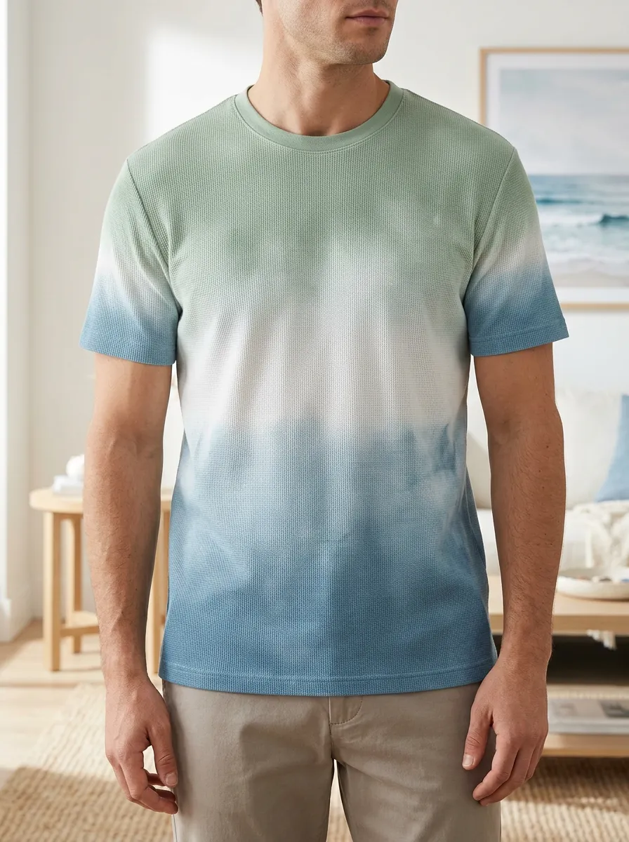 Men's Casual Waffle Knit Ombre Crew Neck T-Shirt