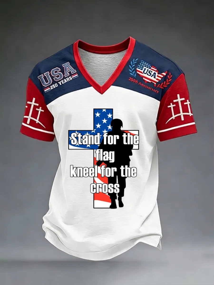 Men's America's 250th Anniversary Stand For The Flag Kneel For The Cross Faith Christian Cross Print T-Shirt