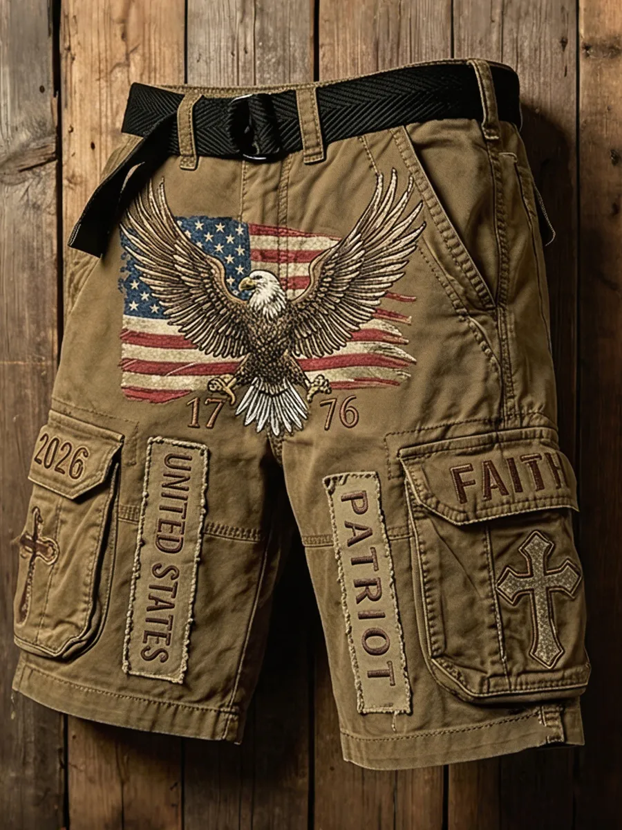 Men's Retro Eagles & Faith Camo Print Casual Shorts