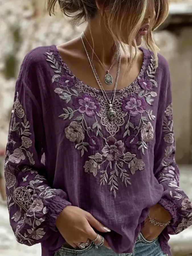 Women'S Floral Art Pattern Cotton And Linen Top