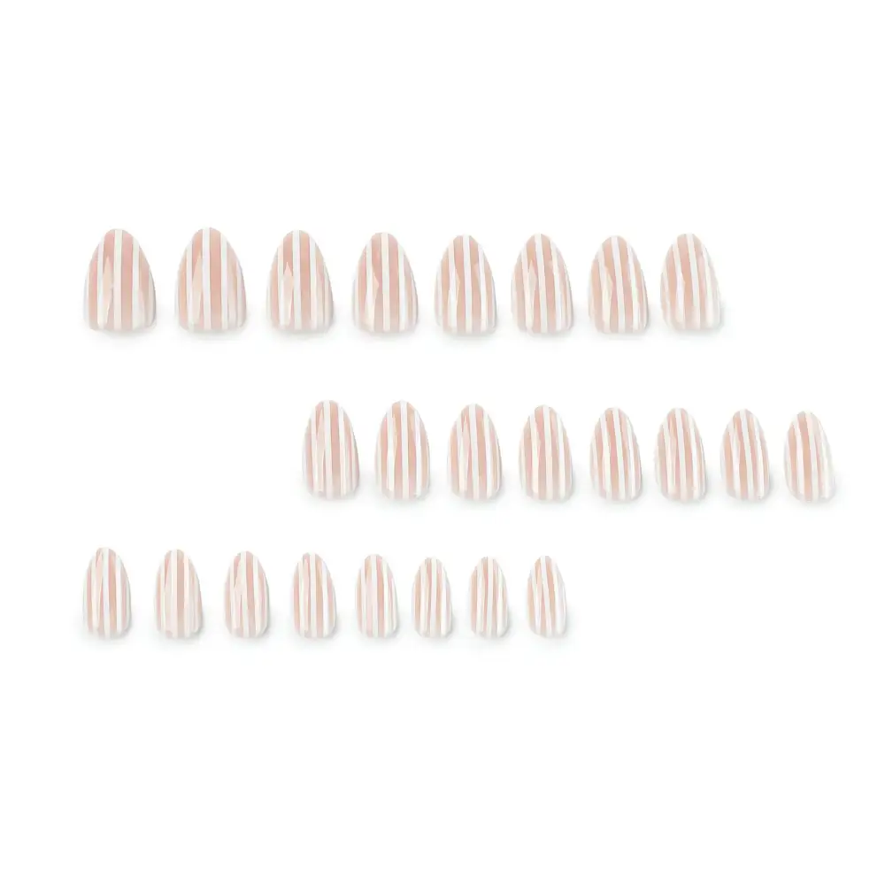 Nailhour 24Pcs Minimalist Medium Almond Pink Stripe Press On Nails