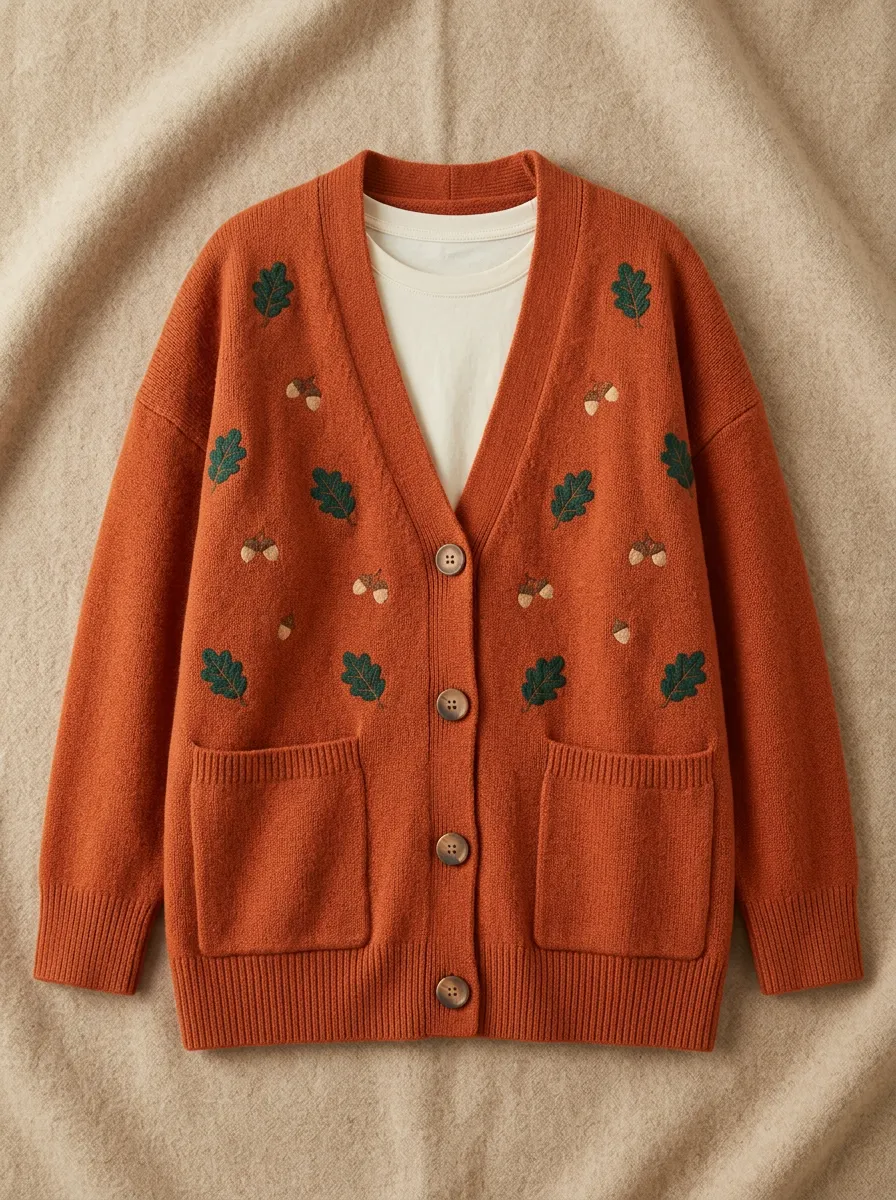 Oak Leaf Acorn Embroidered Women's Knit Cardigan