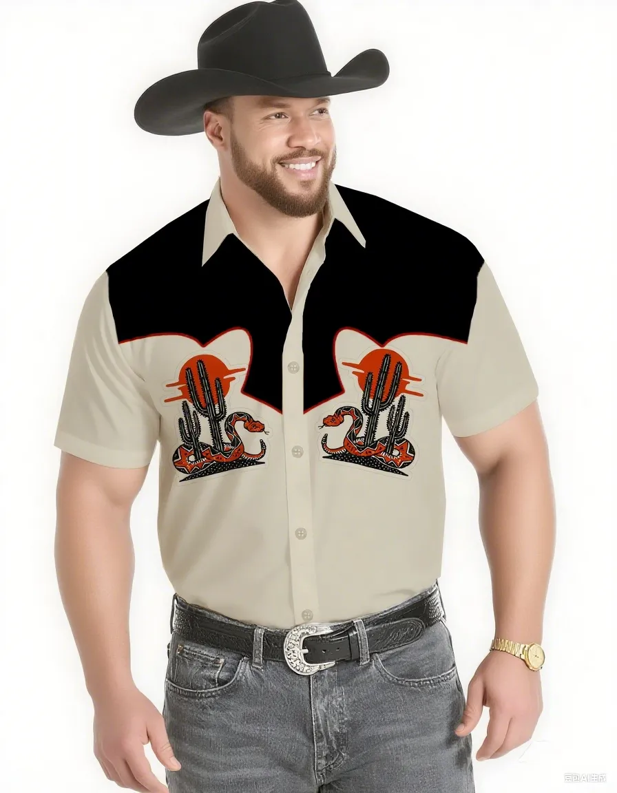 Big & Tall Men's Western Wind Khaki Black Sunset & Rattlesnake Short Sleeve Shirt