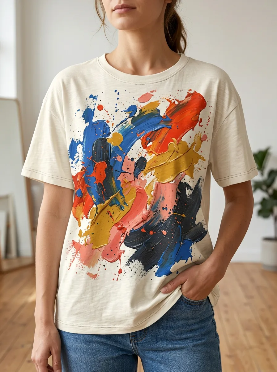Women's Layered Abstract Art Lover Colorful Paint Splatter Crew Neck T-Shirt