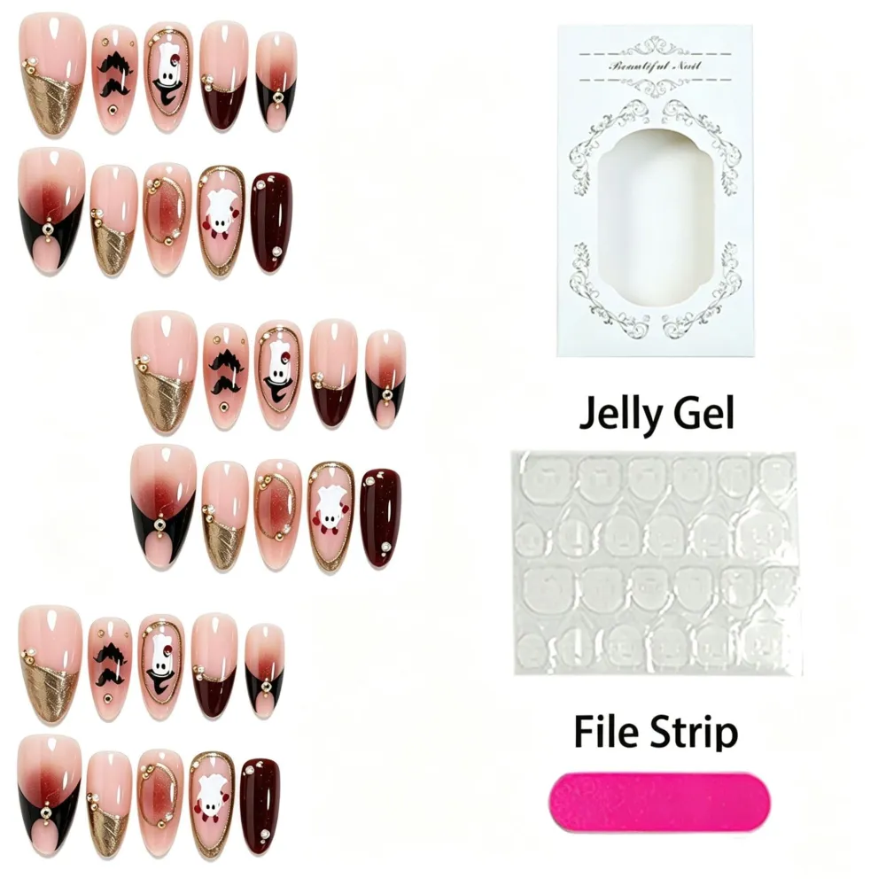 Nailhour 30Pcs Halloween Medium Almond French Gilded Press On Nails
