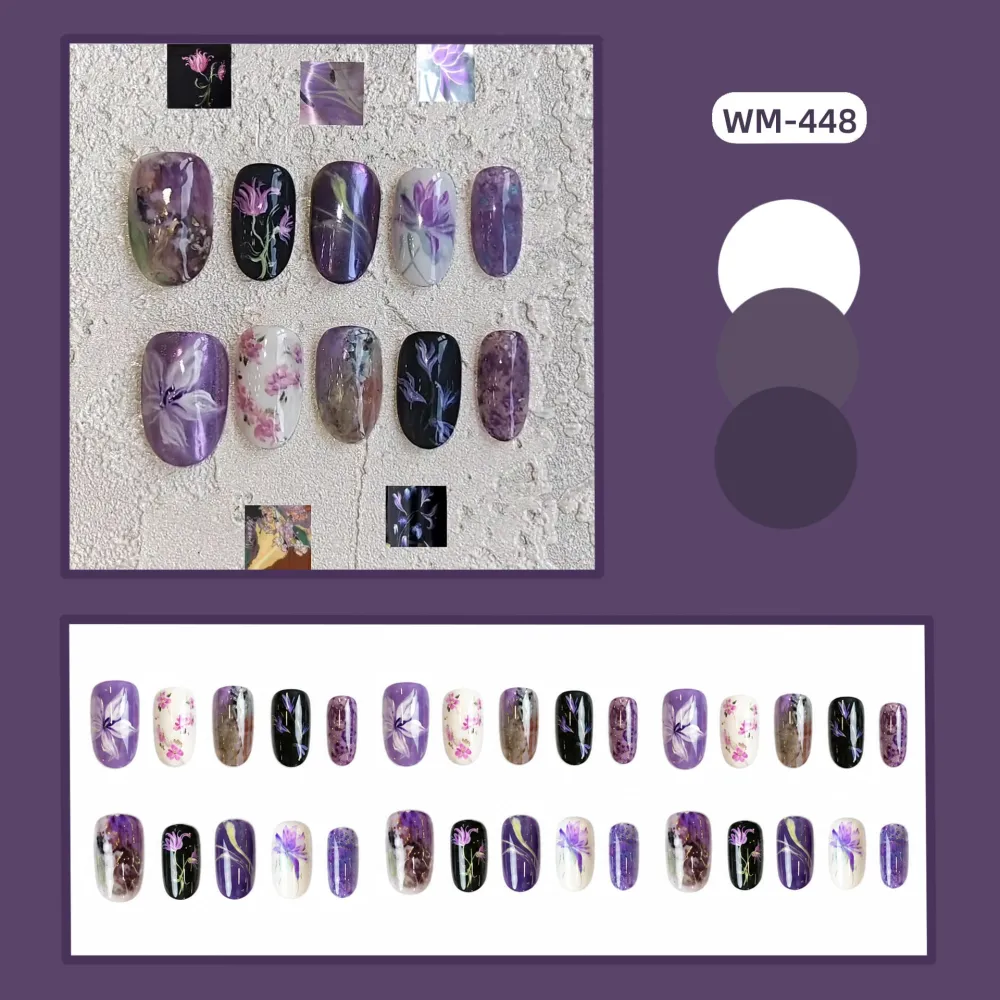 Nailhour 30pcs Short Oval Purple Floral Press On Nails