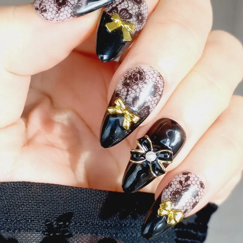 Nailhour 24Pcs Rhinestone 3D Medium Almond Vintage French Press On Nails