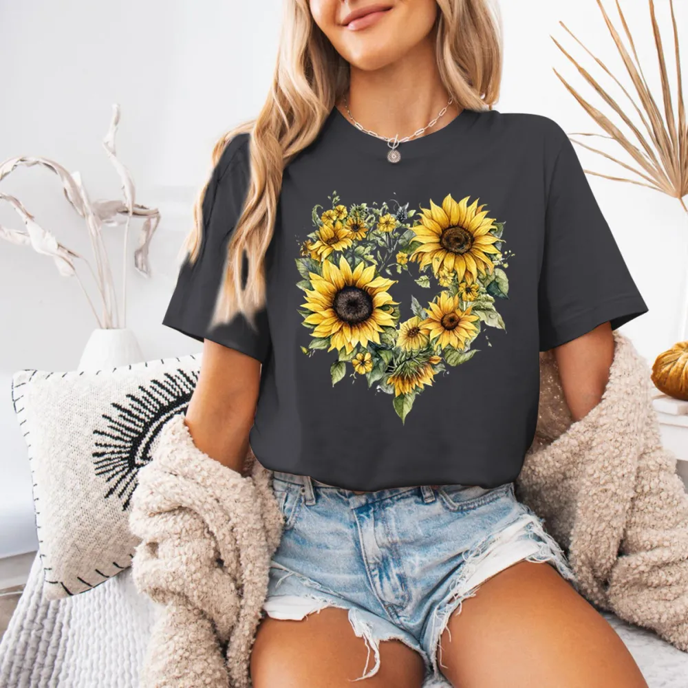 Sunflower And Heart Printed T-Shirts