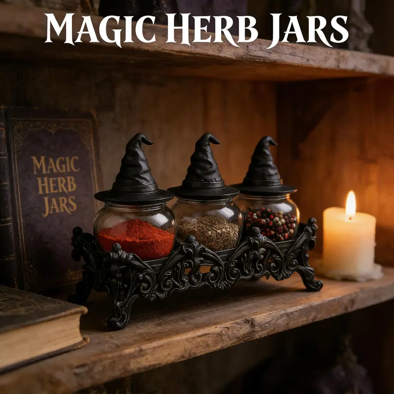 Two friends laughing at an outdoor party table with the witch hat jar set as the centerpiece among Halloween snacks