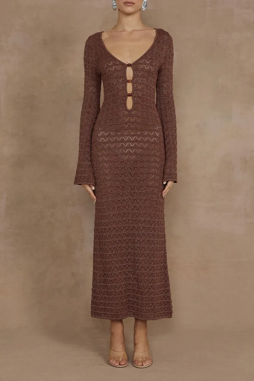 Long Sleeve Button Detail Knit Midi Dress