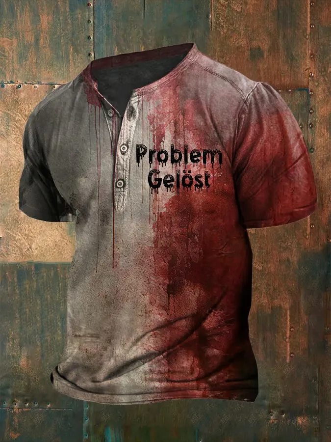 Men'S Bloody Problem Solved Halloween Print Henley T-Shirt