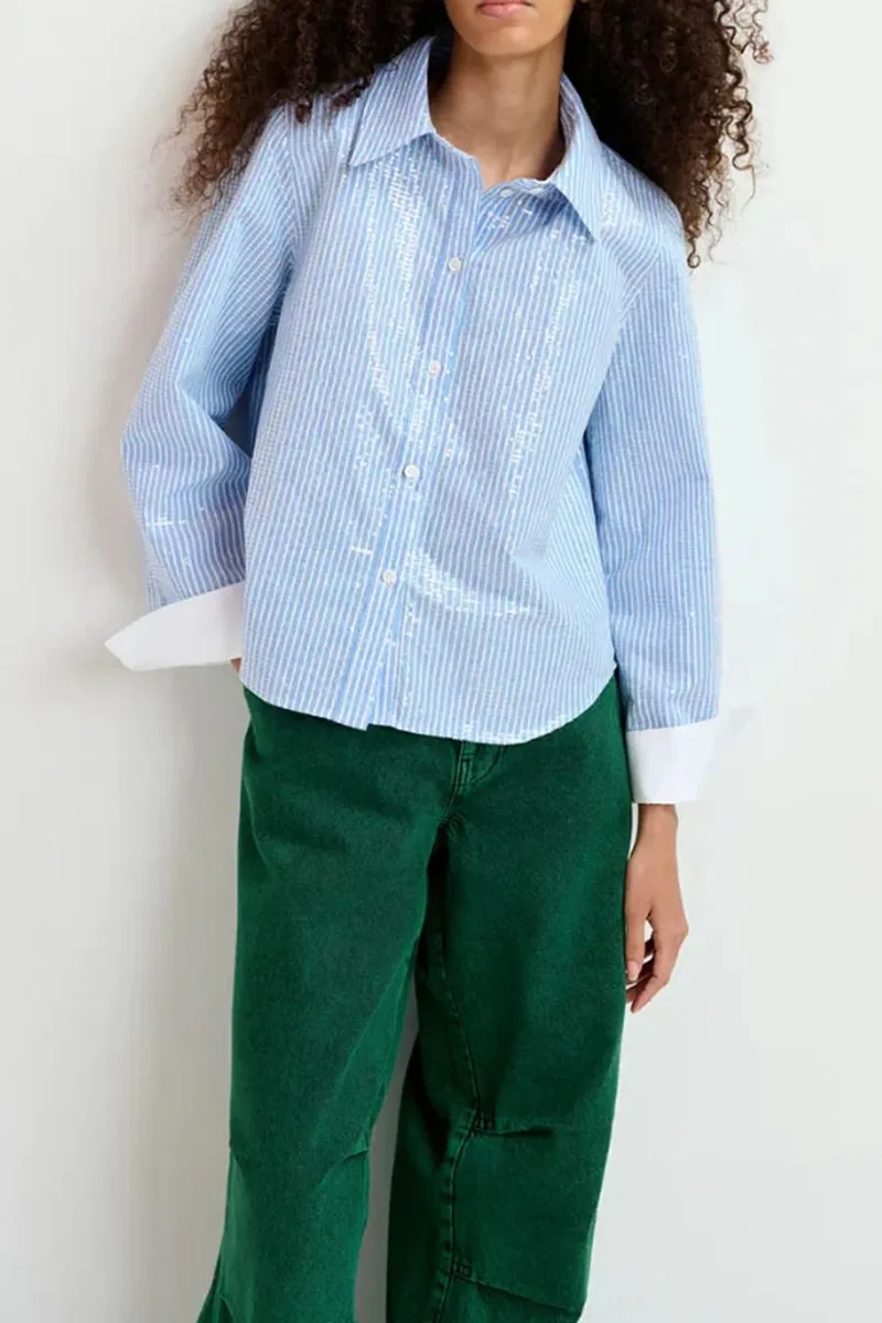 Blue Striped Button Down Long Sleeve Shirts