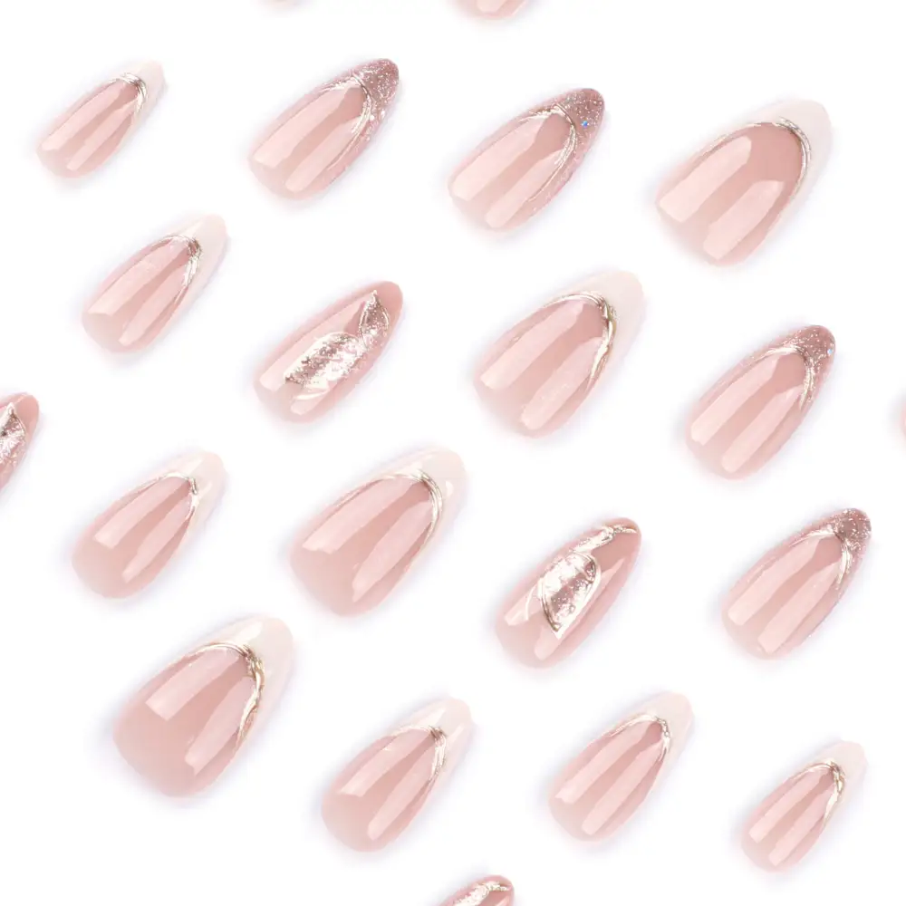 Nailhour 24Pcs French Nude Glitter Medium Almond Press On Nails